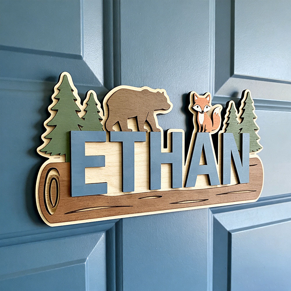 Baby Nursery Usa - Papan Nama Kayu Hewan Hutan Personalisasi